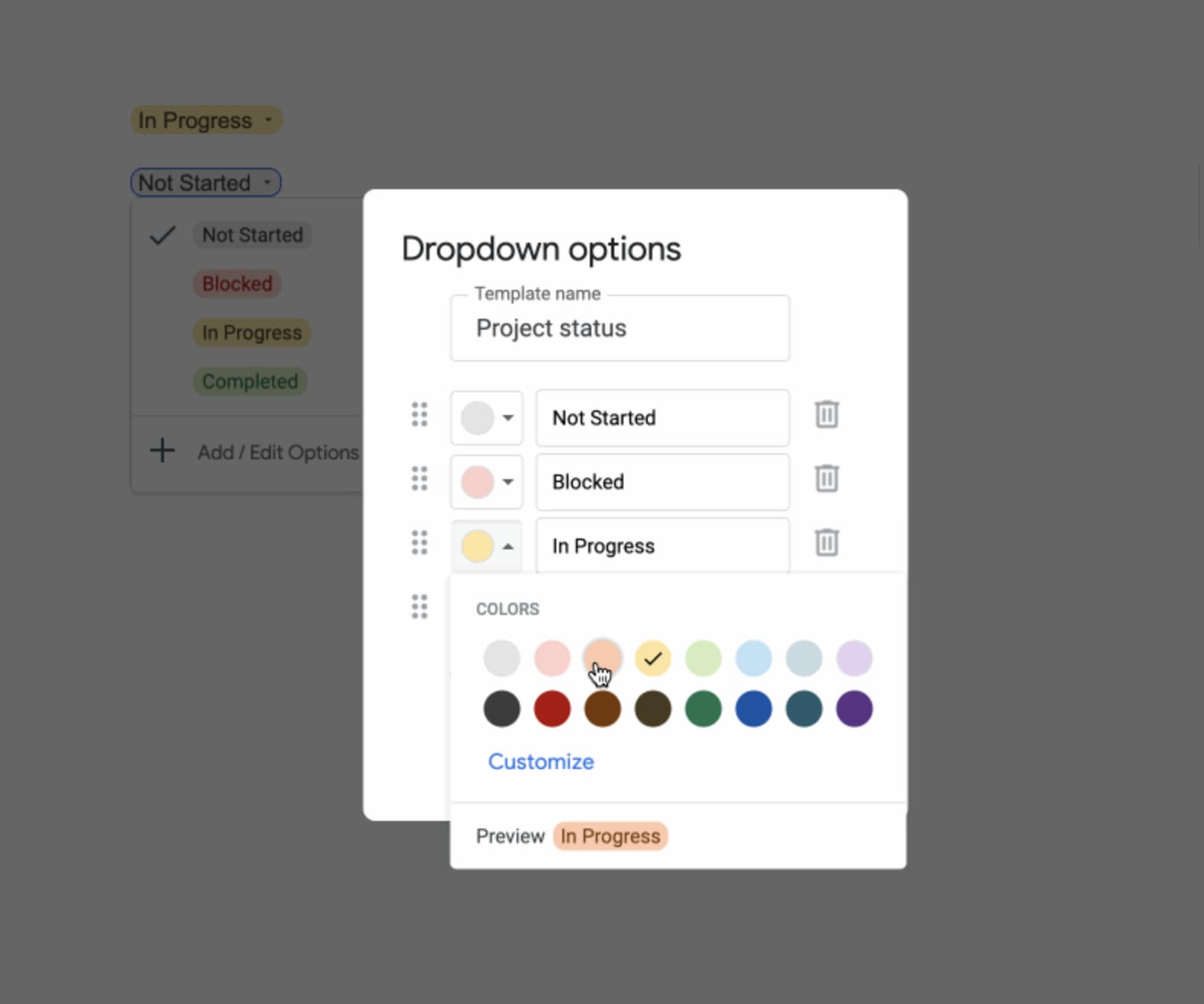 google docs drop down list