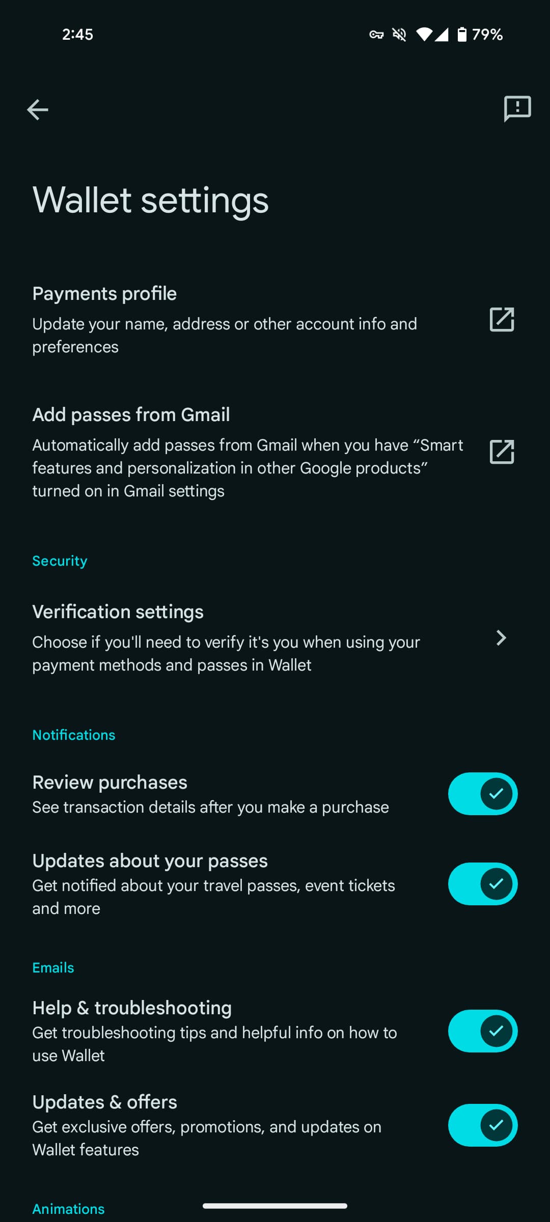 Google Wallet Verification settings