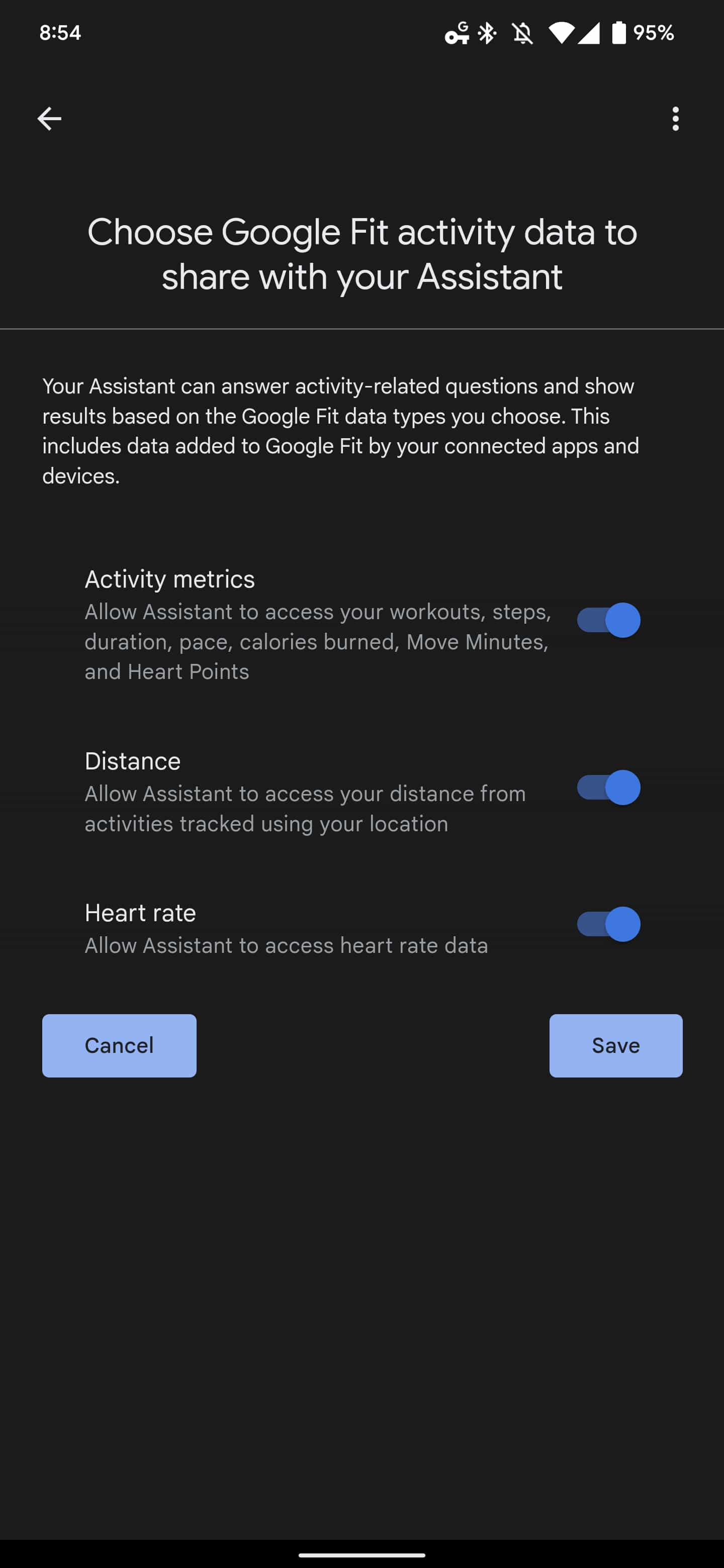 Assistant Google Fit settings