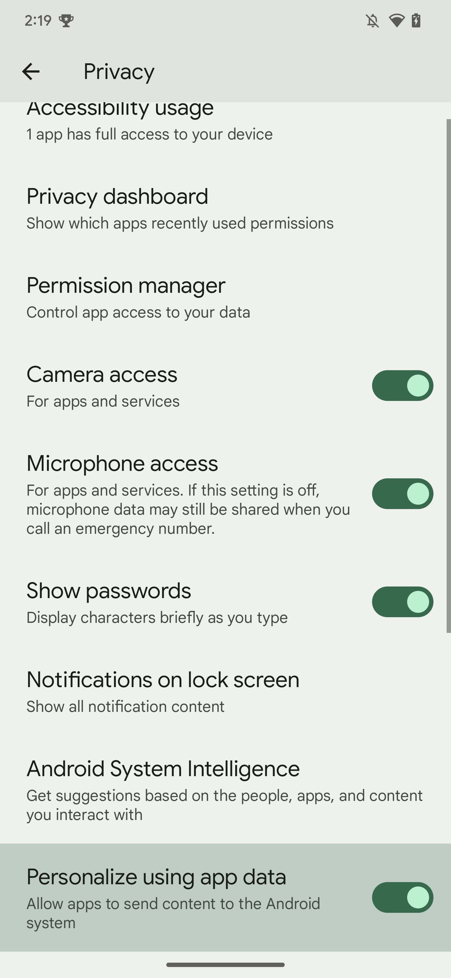 At a Glance data setting
