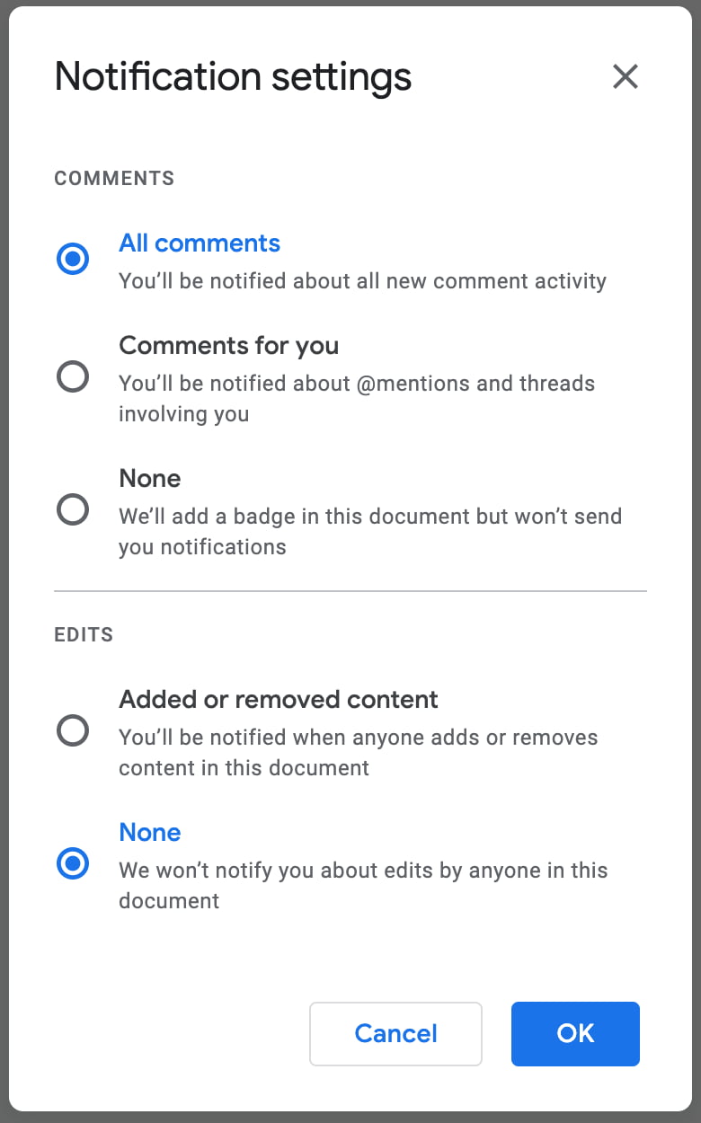 Google Docs edit notifications