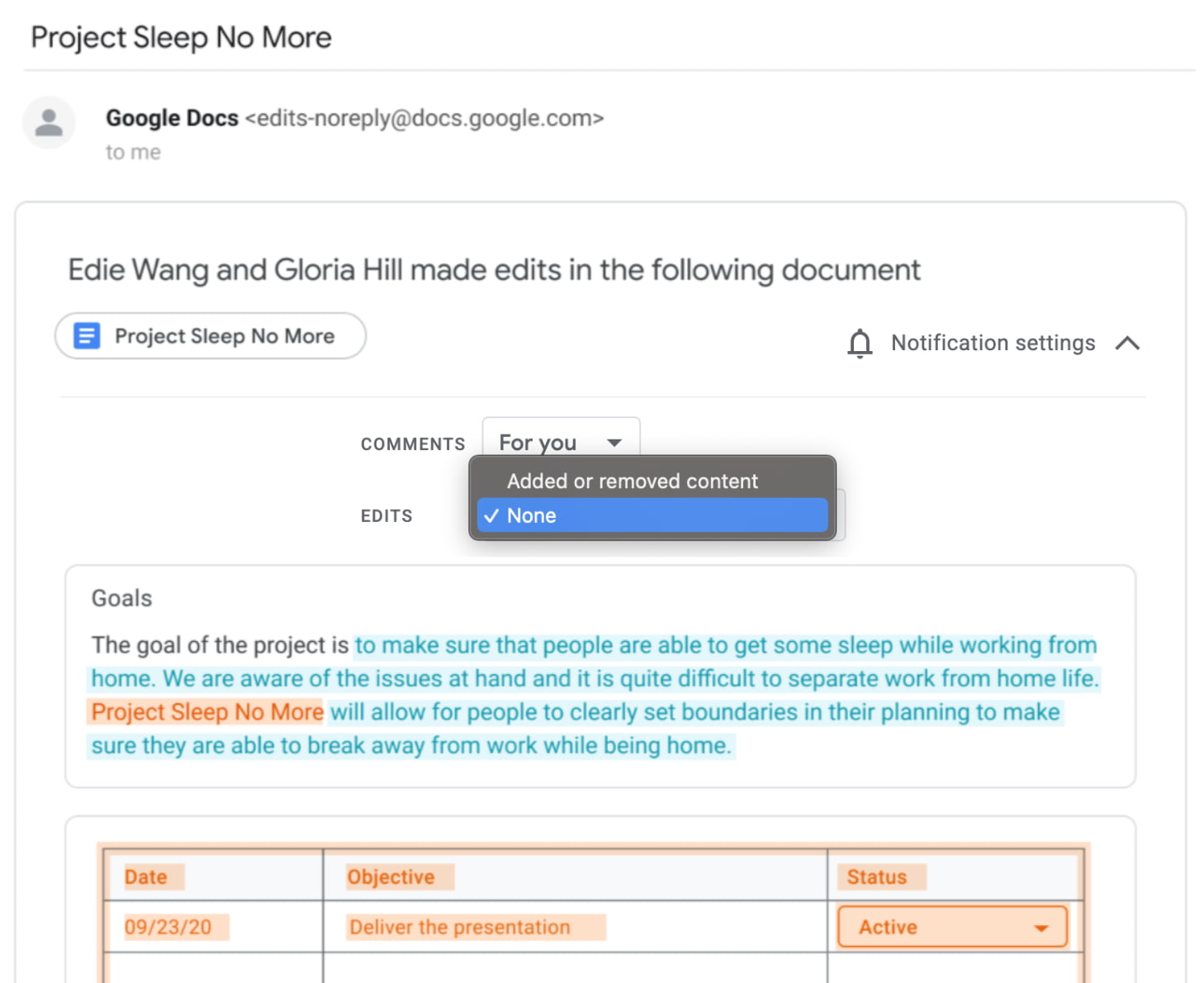 Google Docs edit notifications