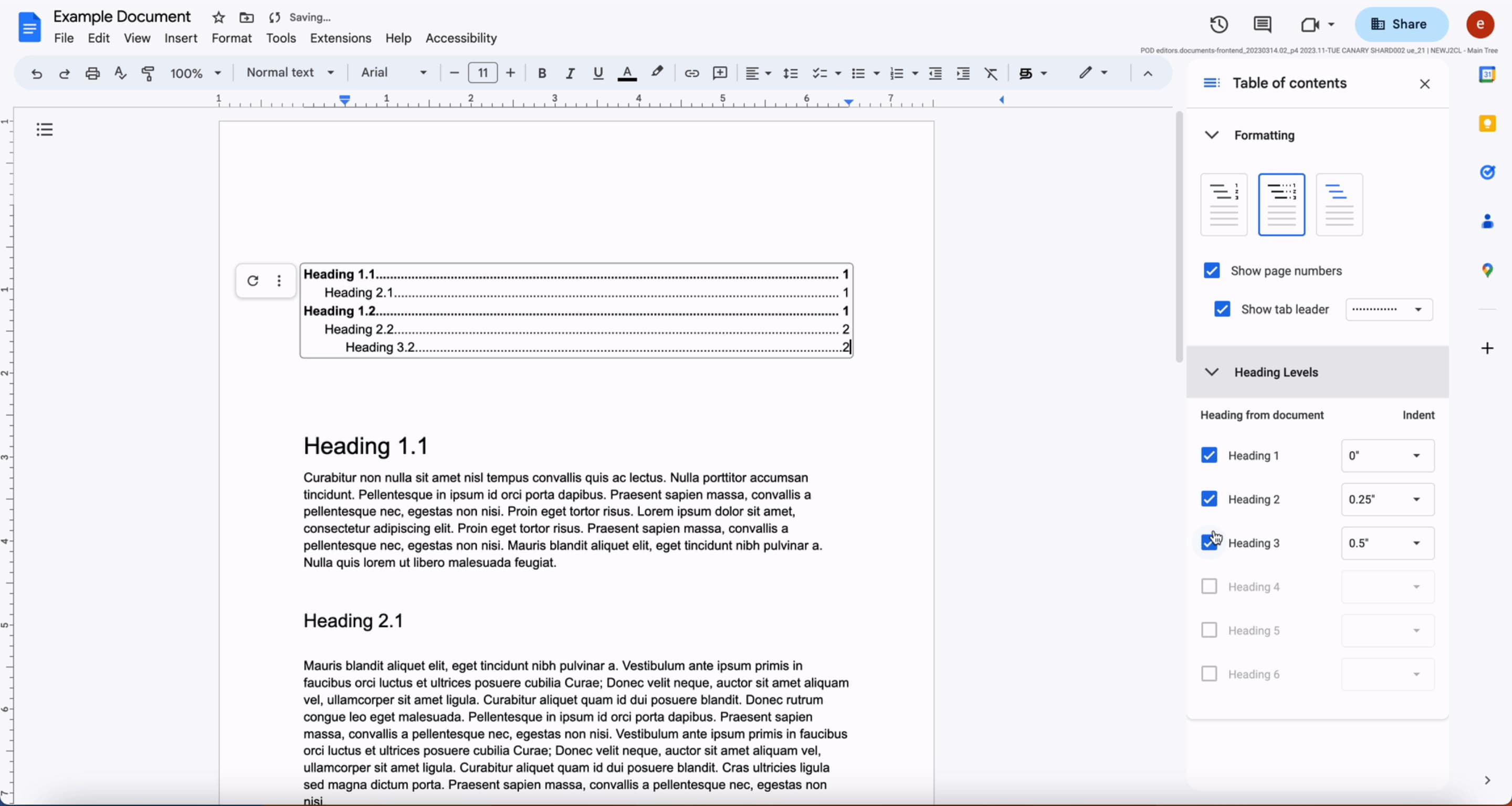 Google Docs table of contents