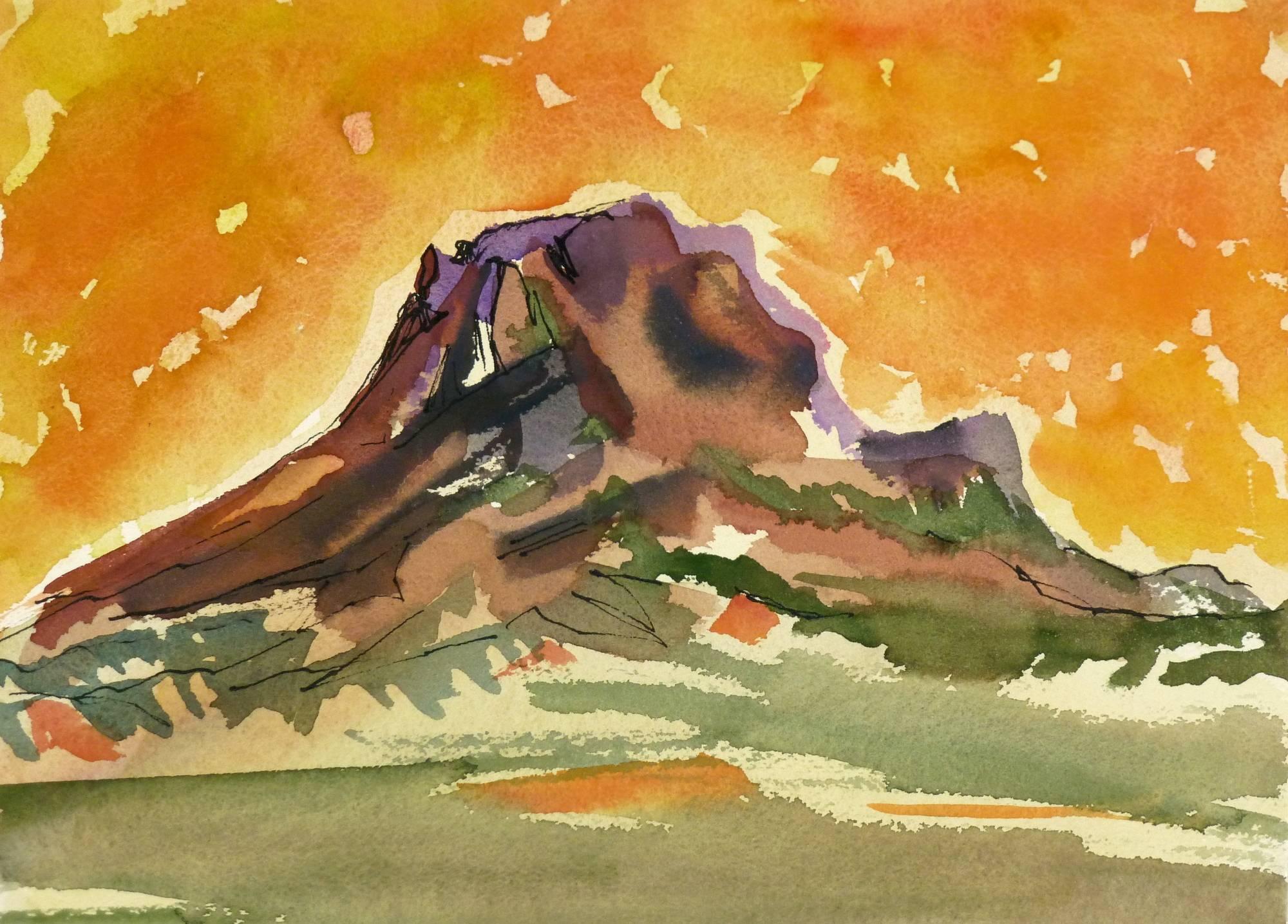 Unknown Watercolor Fiery Mountain Top Landscape For Sale at 1stDibs