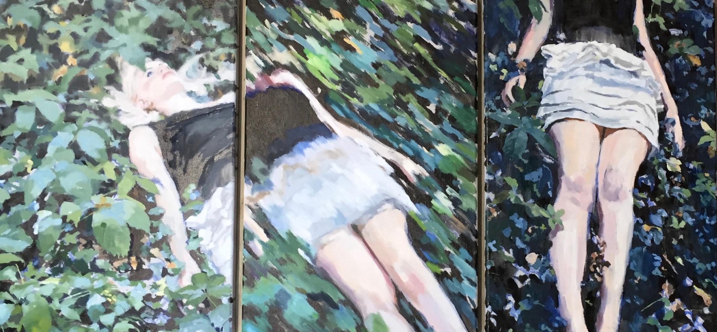 Eric Schutte Young girl lying in the grass21st Century Contemporary Triptych Figure Painting