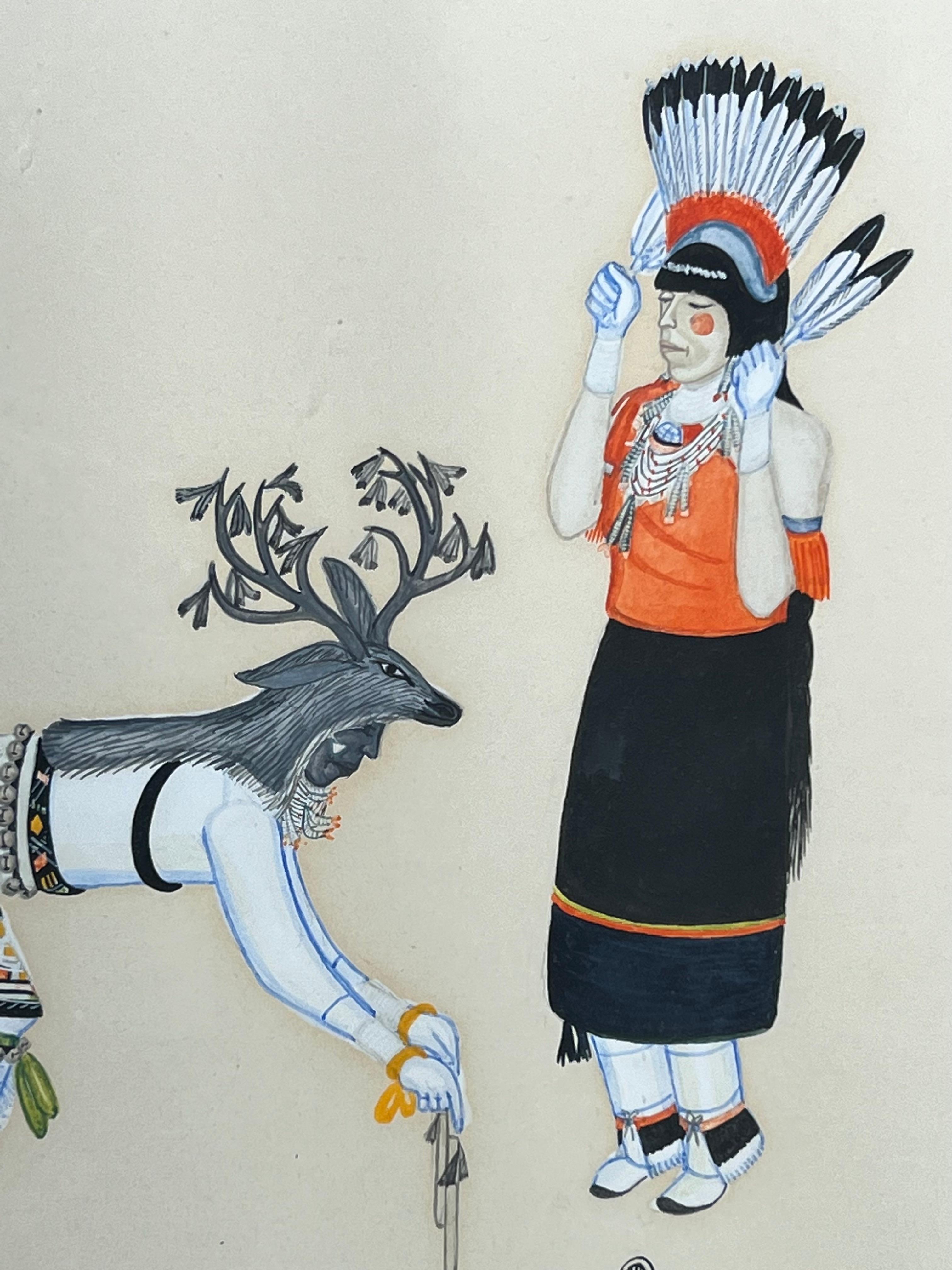 Tonita Peña Danza del Ciervo, pintura de Tonita Pena, Santa Fe, Cochiti, Pueblo, hombre, mujer