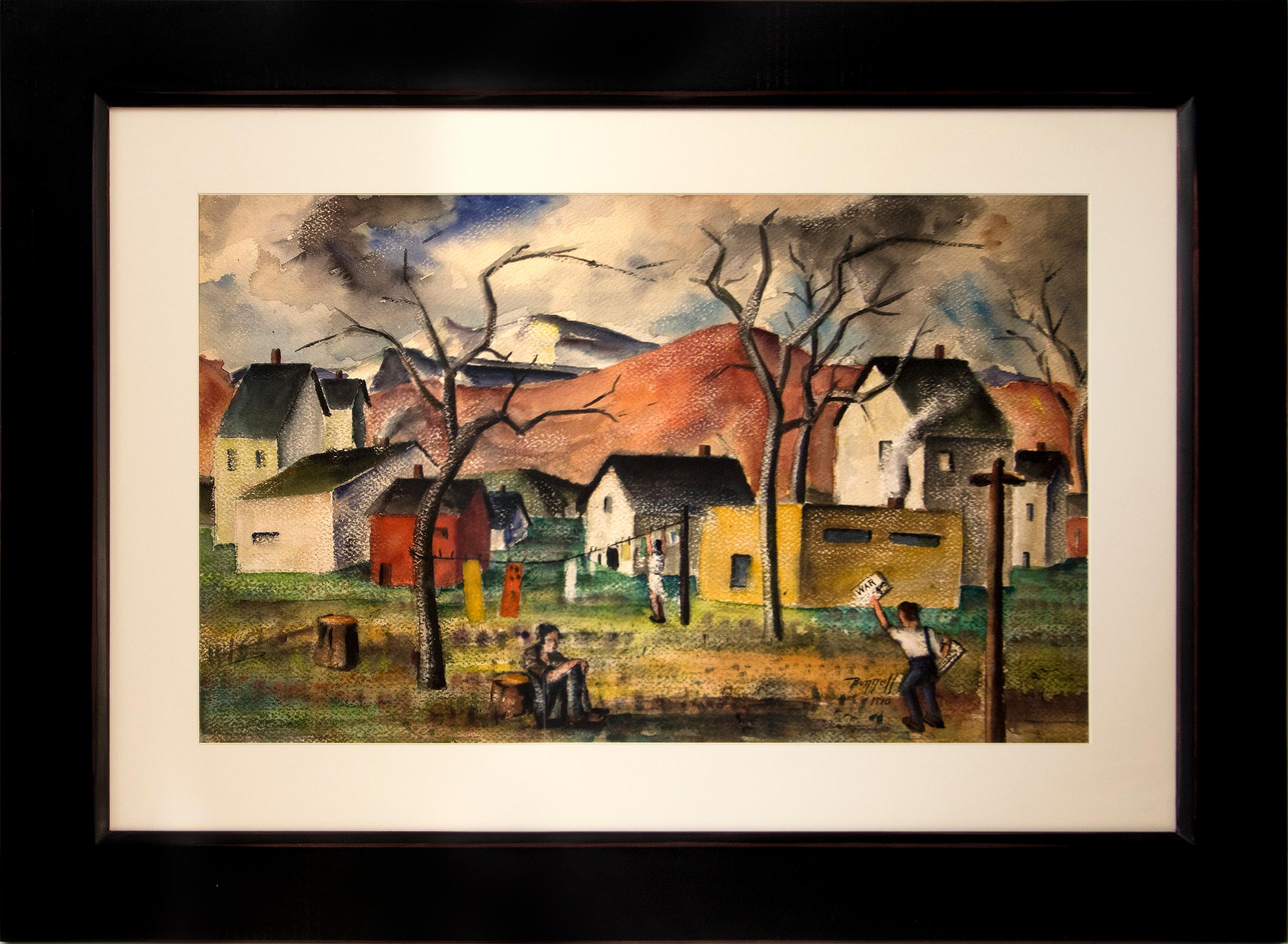 Byron Randall Mexican Plaza, Oil Pastel Drawing, 1954 For Sale at