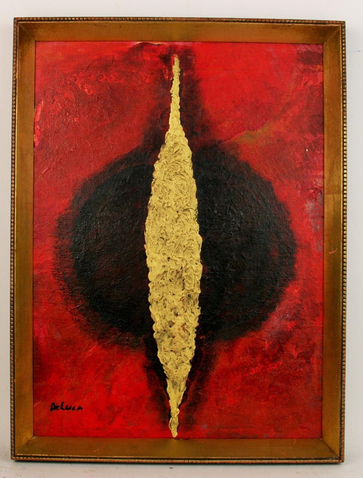 De Luca Japanese Red Gold Rising Sun Abstract Painting 1960 For Sale