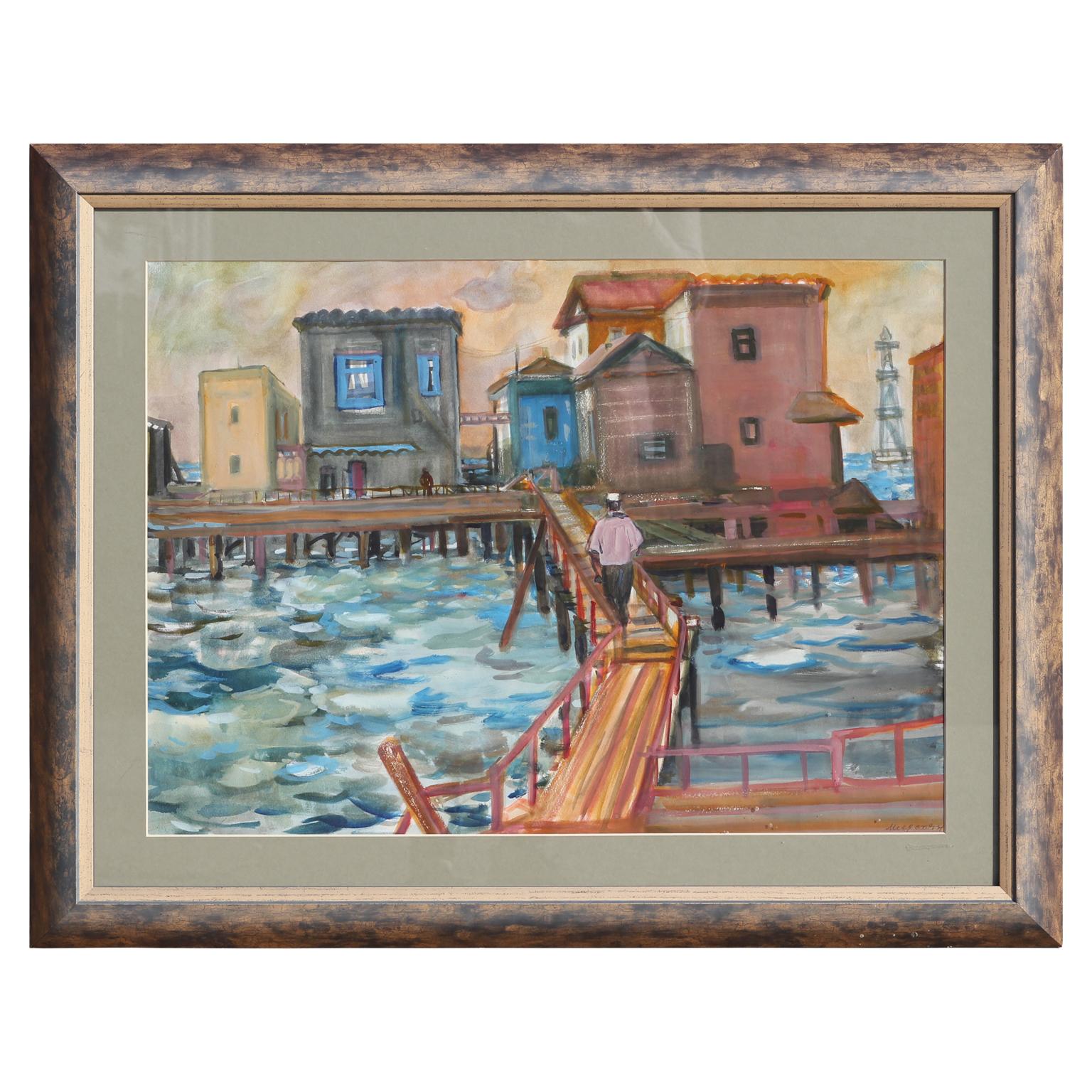 Unknown Spanish Watercolor Street Scene signed Diaz Mid century For Sale at 1stDibs
