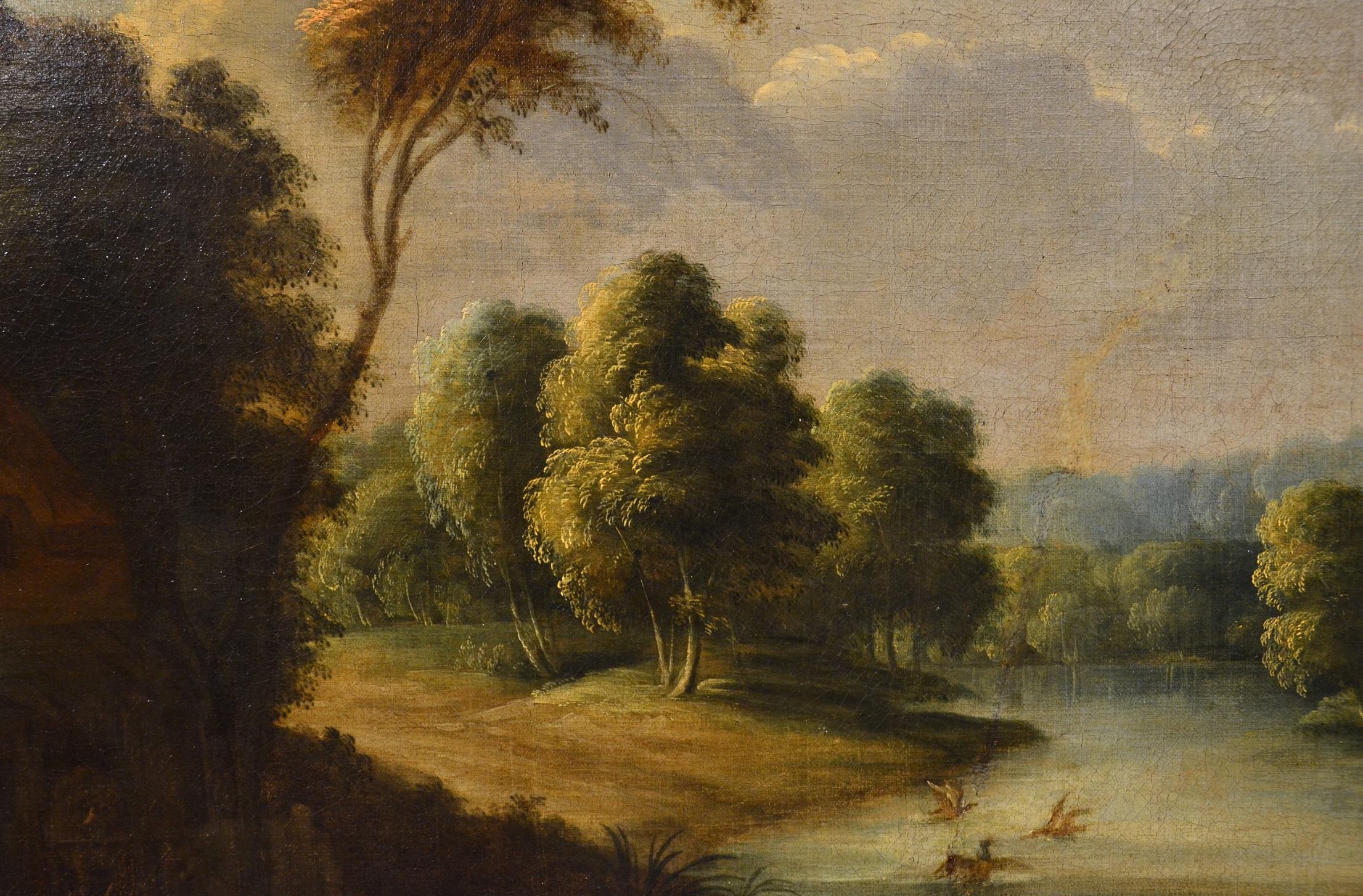 Unknown River Landscape Village Paint oil on canvas 17th Century For