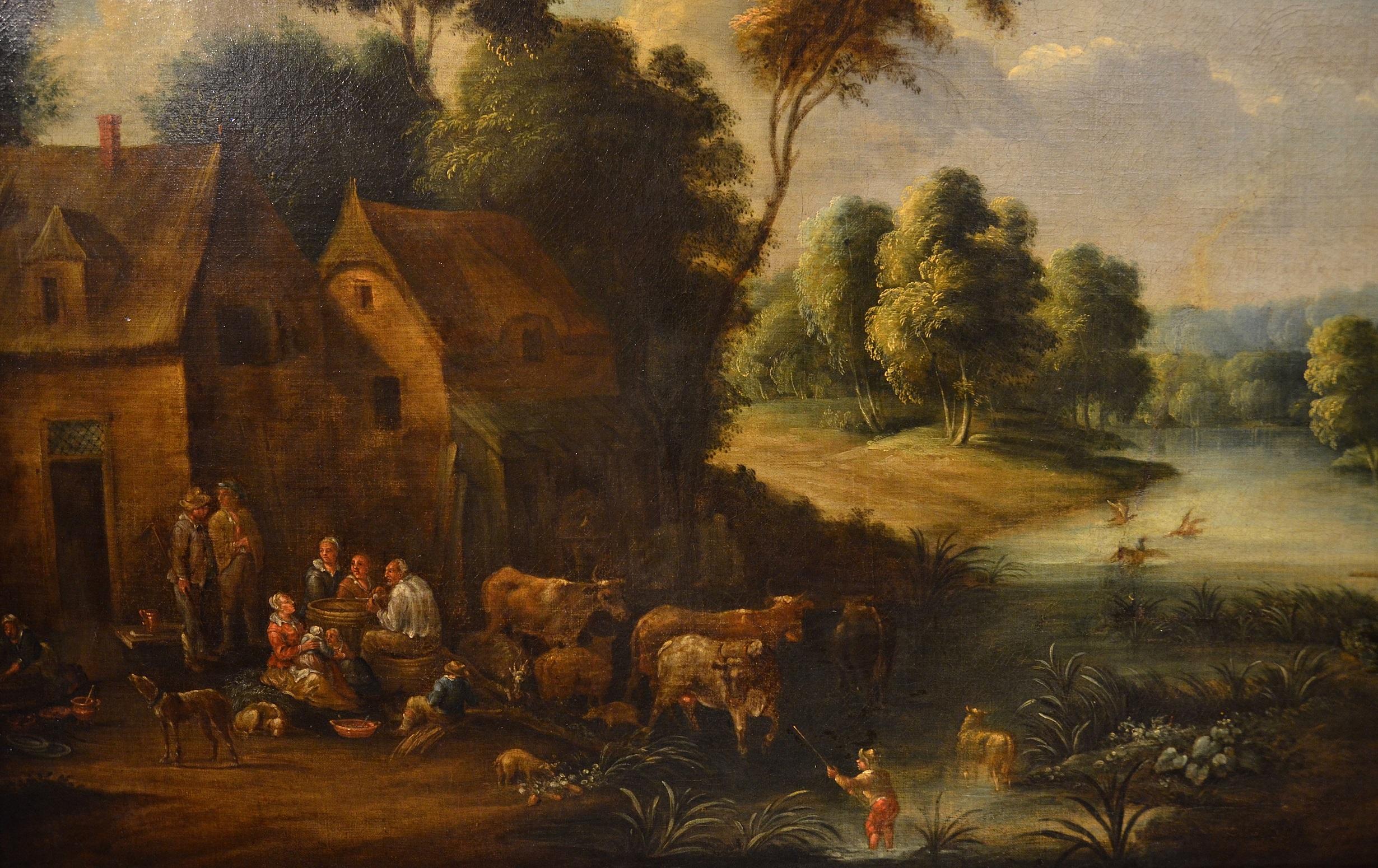 Unknown River Landscape Village Paint oil on canvas 17th Century For