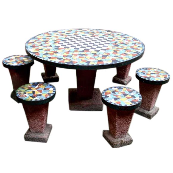 Cement Garden Set with Six Stools at 1stDibs