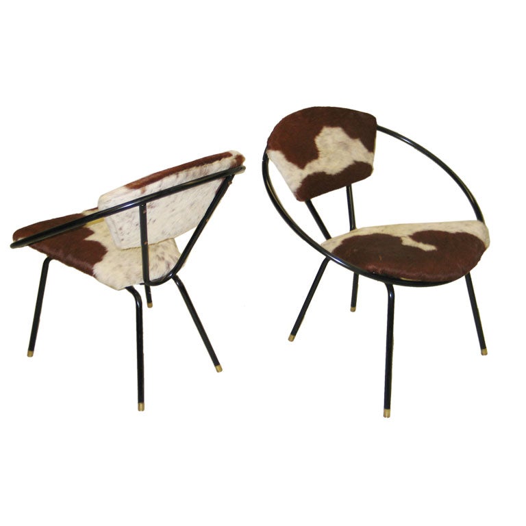 Pair of French MidCentury Modern Cowhide Lounge Chairs, Spirit of Jean Royère For Sale at