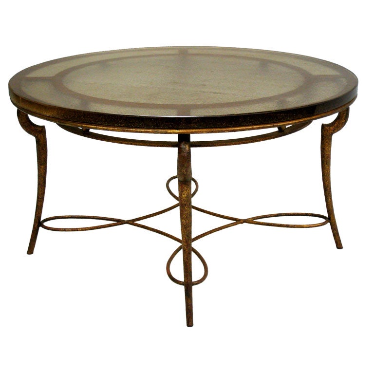 French MidCentury Copper Gilt Wrought Iron Coffee Table by Rene Drouet