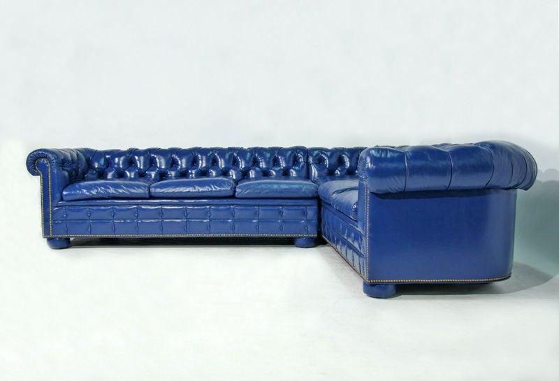 Bright blue leather chesterfield sectional sofa with ottoman at 1stDibs