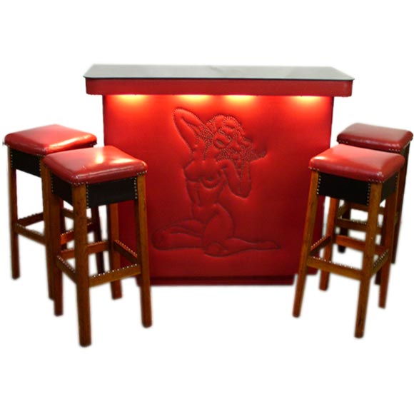 1950's Red Vinyl Bar and 4 matching Barstools with Pin Up design at 1stDibs