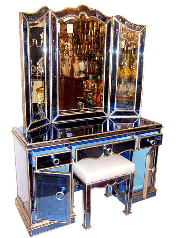 Art Deco Blue Mirror Vanity Set. at 1stDibs