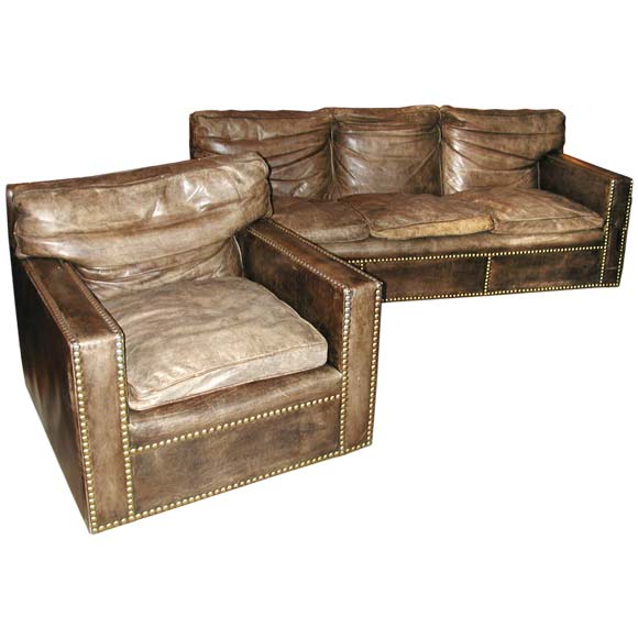 Studded Distressed Leather Sofa and Arm Chairs at 1stdibs