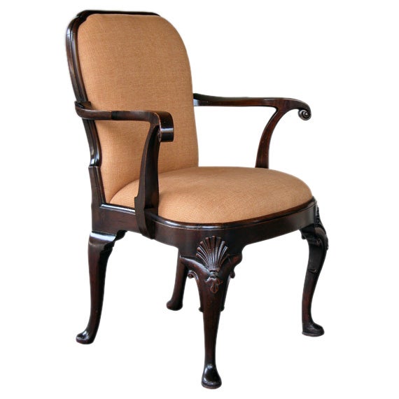 A Handsome English Queen Anne Style Carved Mahogany Armchair with Bold