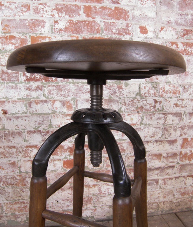 Vintage Industrial Wood and Cast Iron Adjustable Drafting Stool at