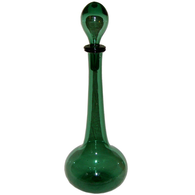 Beautiful large hand blown green glass vase with stopper at 1stDibs