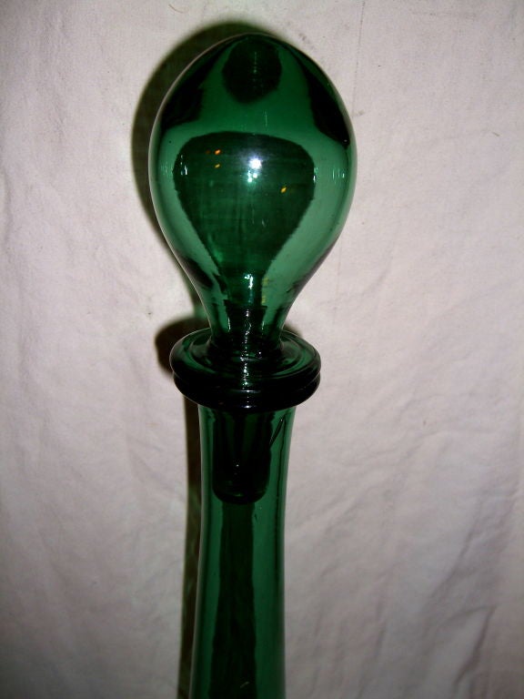 Beautiful large hand blown green glass vase with stopper at 1stDibs