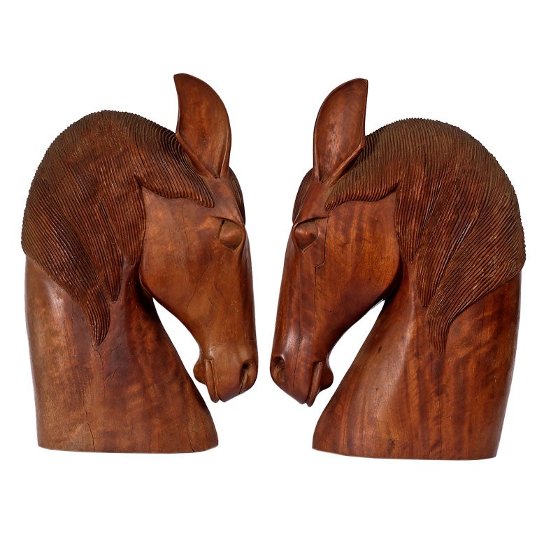 Pair Large Wooden Horse Head Sculptures at 1stDibs