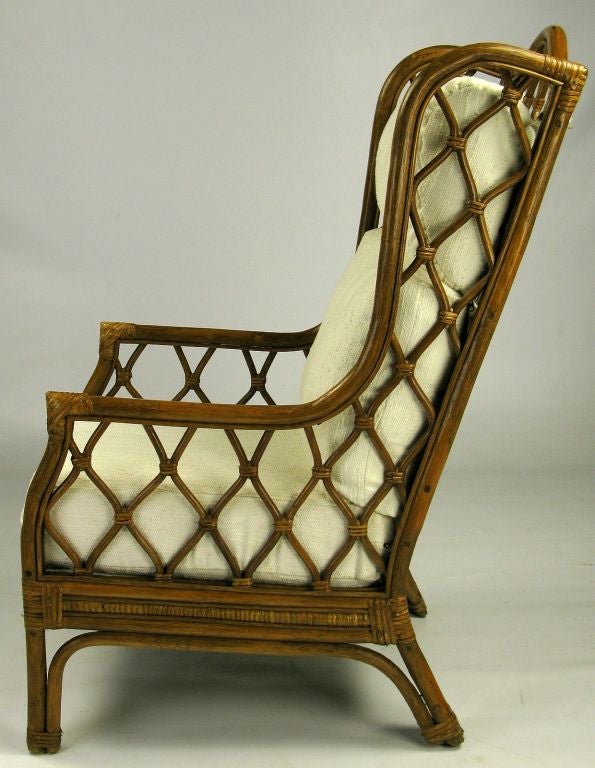 Rattan and Cane Wing Chair With Matching Ottoman at 1stDibs