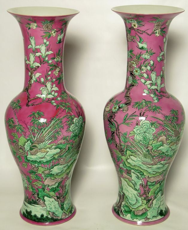Pair 1970s Fuschia and Celadon Green Chinese Floor Vases at 1stDibs