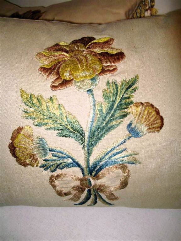Pair of Silk Embroidered Linen Pillows at 1stdibs