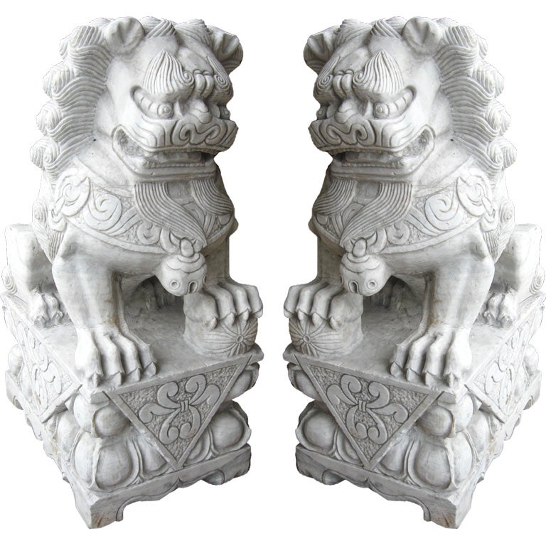 Large Pair of White Marble Foo Dogs at 1stDibs