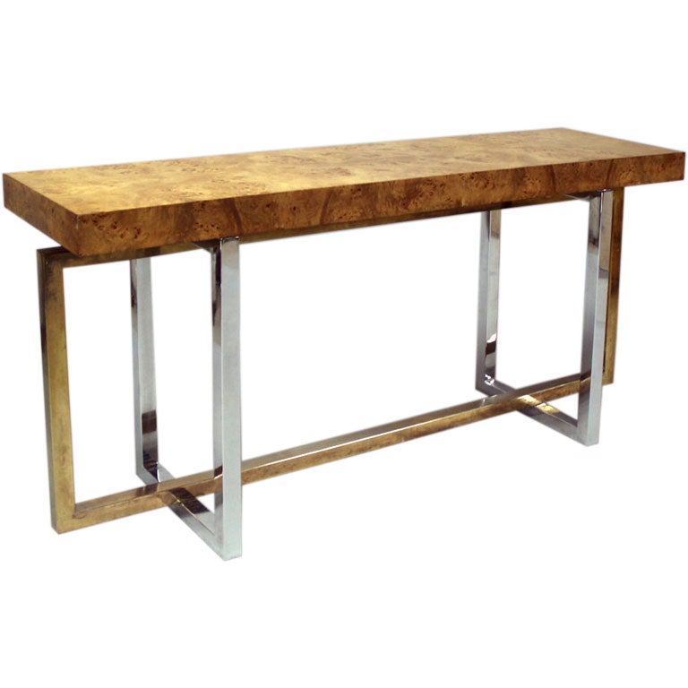 A Blonde Burled Wood Console Table with a Chrome Base at 1stDibs burl