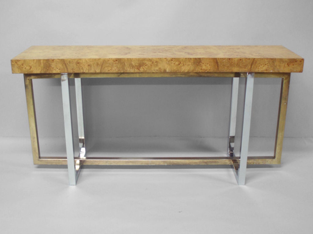 A Blonde Burled Wood Console Table with a Chrome Base at 1stDibs burl
