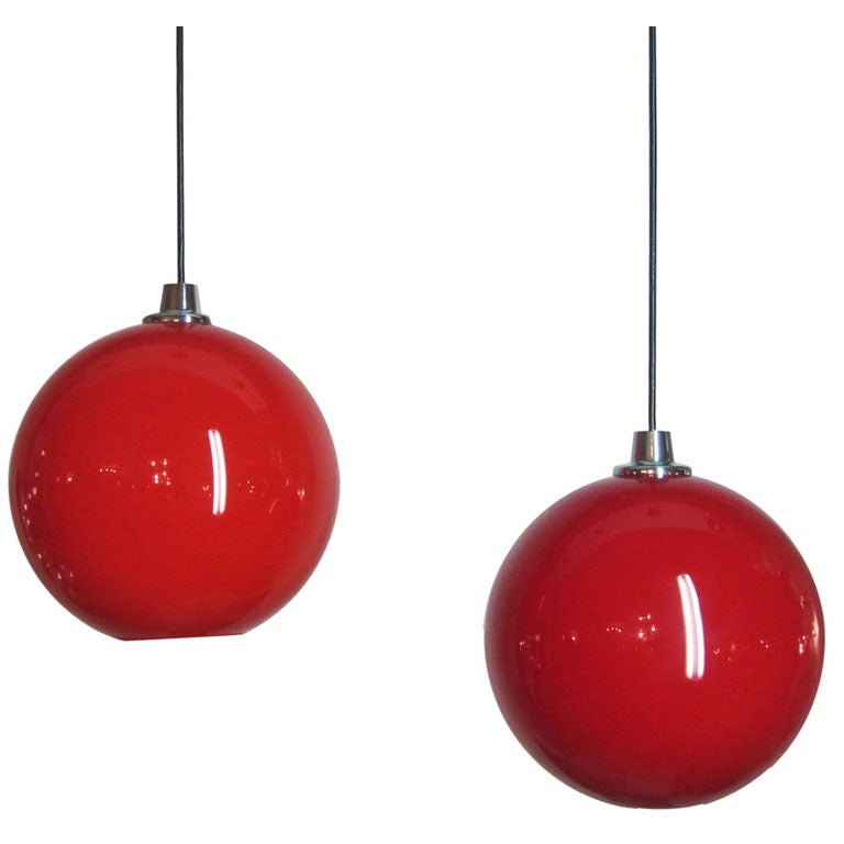 Pair of Red Globe Pendant Lights at 1stDibs