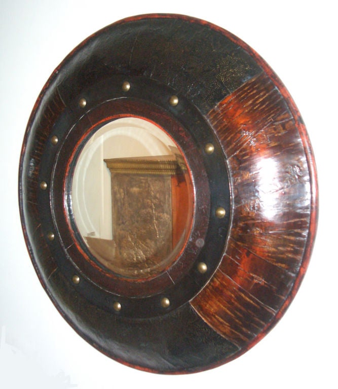Pair of 20th Century Exotic Wood, Hammered Brass and Leather Round Mirrors For Sale at 1stDibs