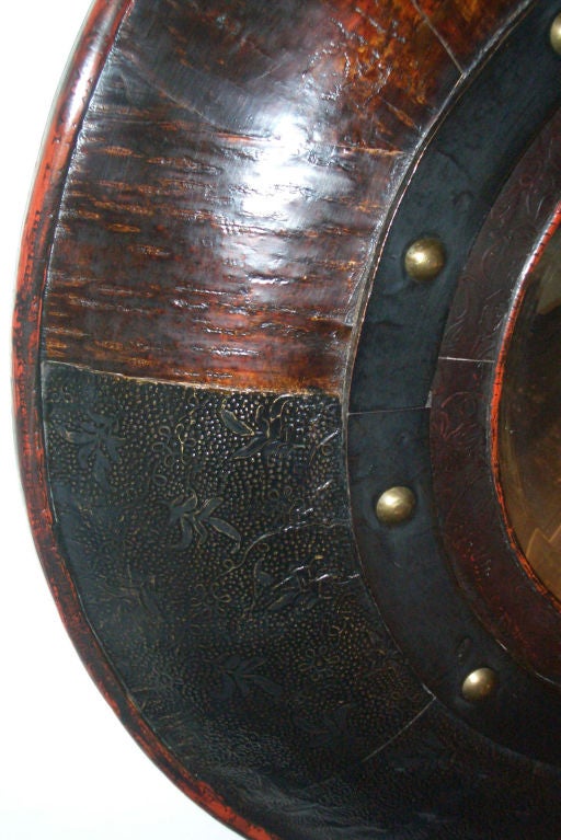 Pair of 20th Century Exotic Wood, Hammered Brass and Leather Round Mirrors For Sale at 1stDibs