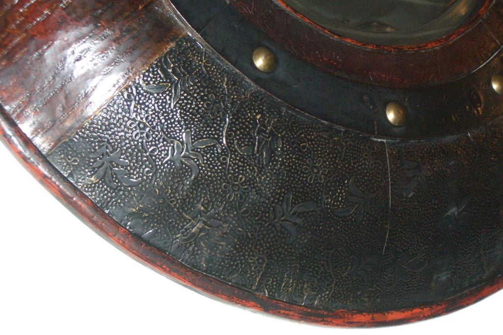 Pair of 20th Century Exotic Wood, Hammered Brass and Leather Round Mirrors For Sale at 1stDibs