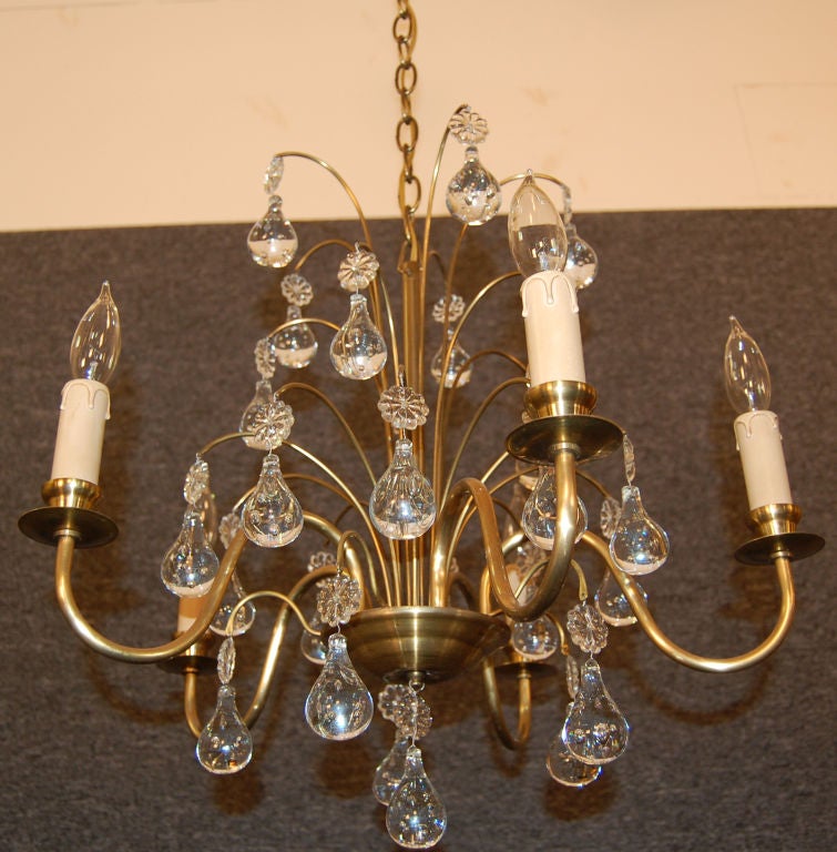Vintage Swedish Brass and Crystal Chandelier by Orrefors For Sale at