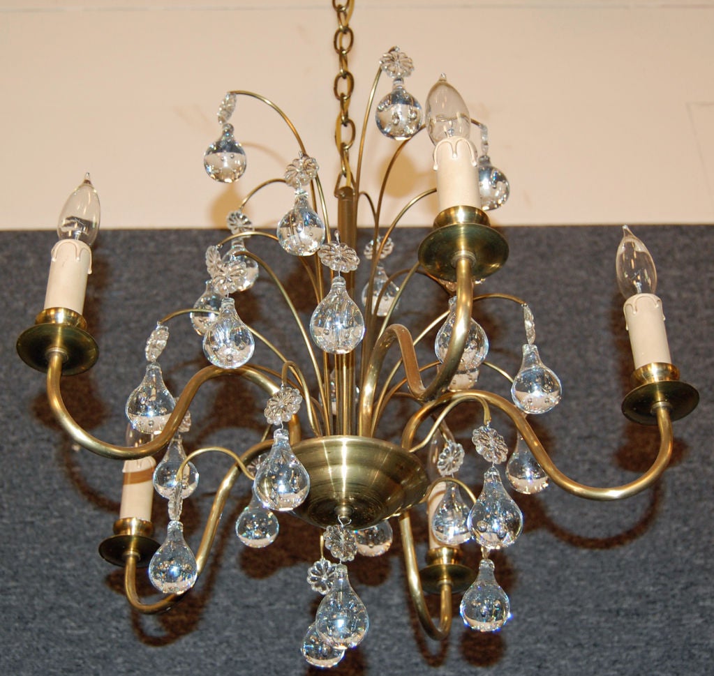 Vintage Swedish Brass and Crystal Chandelier by Orrefors For Sale at
