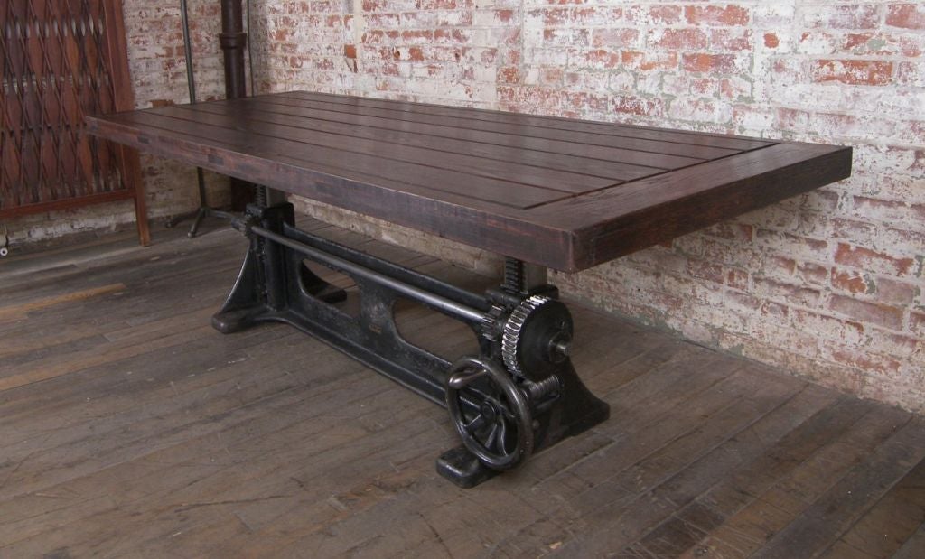 Vintage Industrial Adjustable Wood and Cast Iron Table at 1stDibs