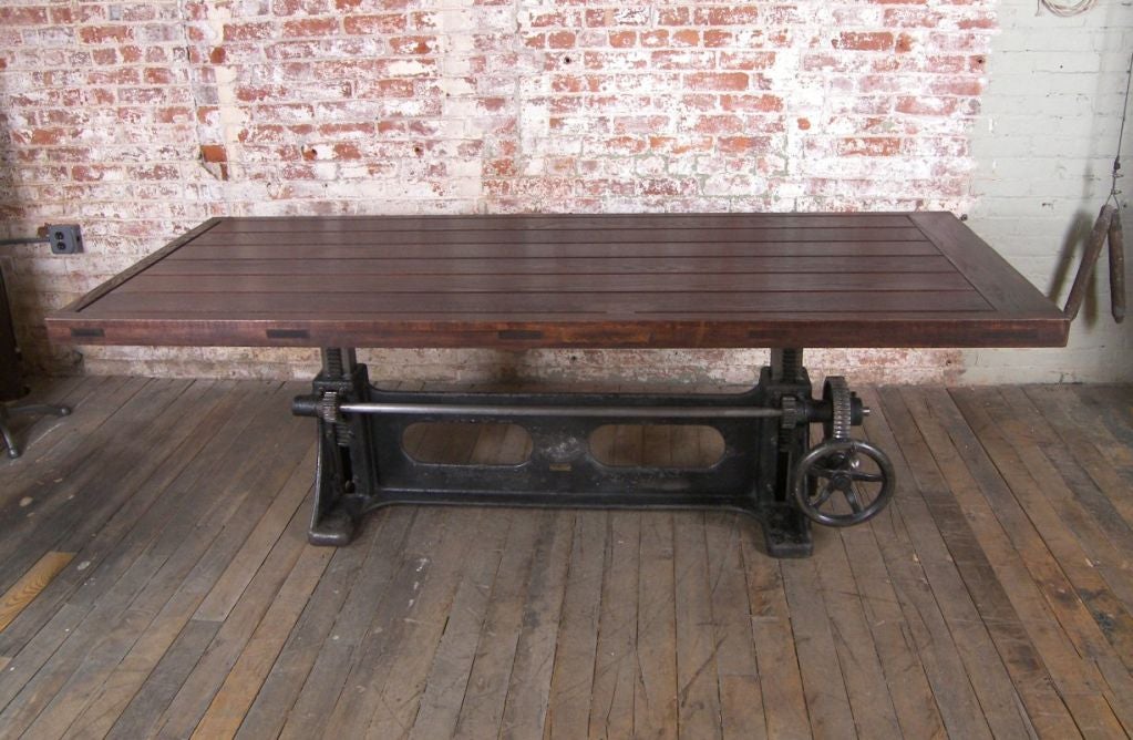 Vintage Industrial Adjustable Wood and Cast Iron Table at 1stDibs