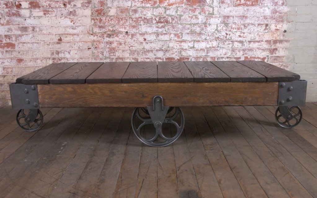 Vintage Industrial Wood and Cast Iron Factory Cart / Coffee Table at