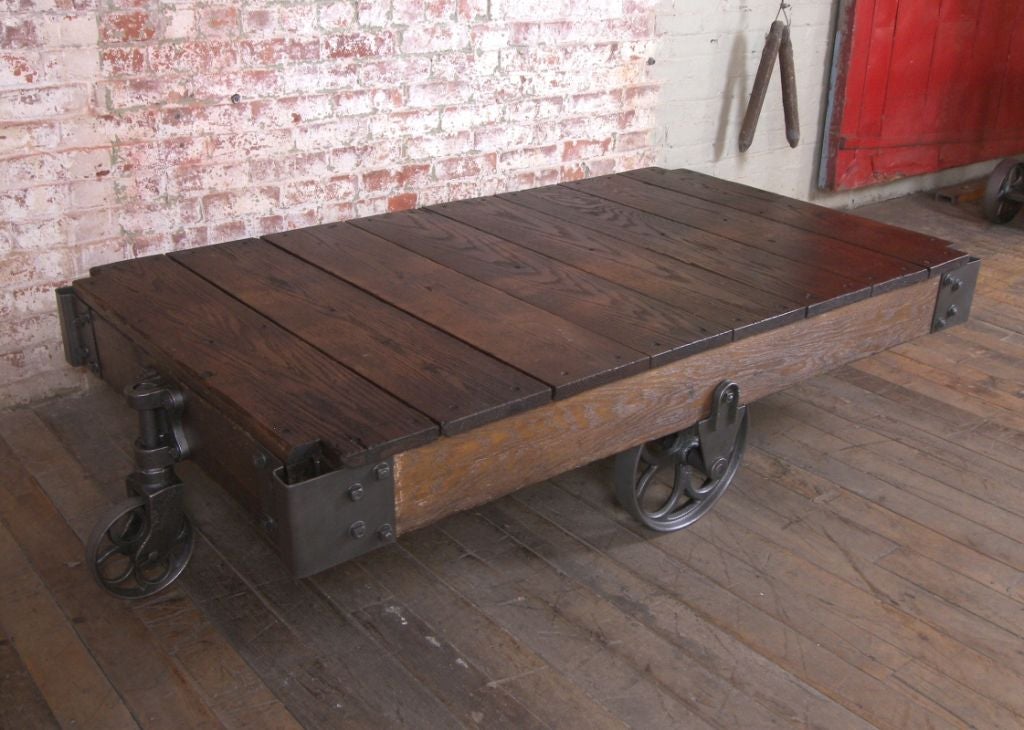 Vintage Industrial Wood and Cast Iron Factory Cart / Coffee Table at