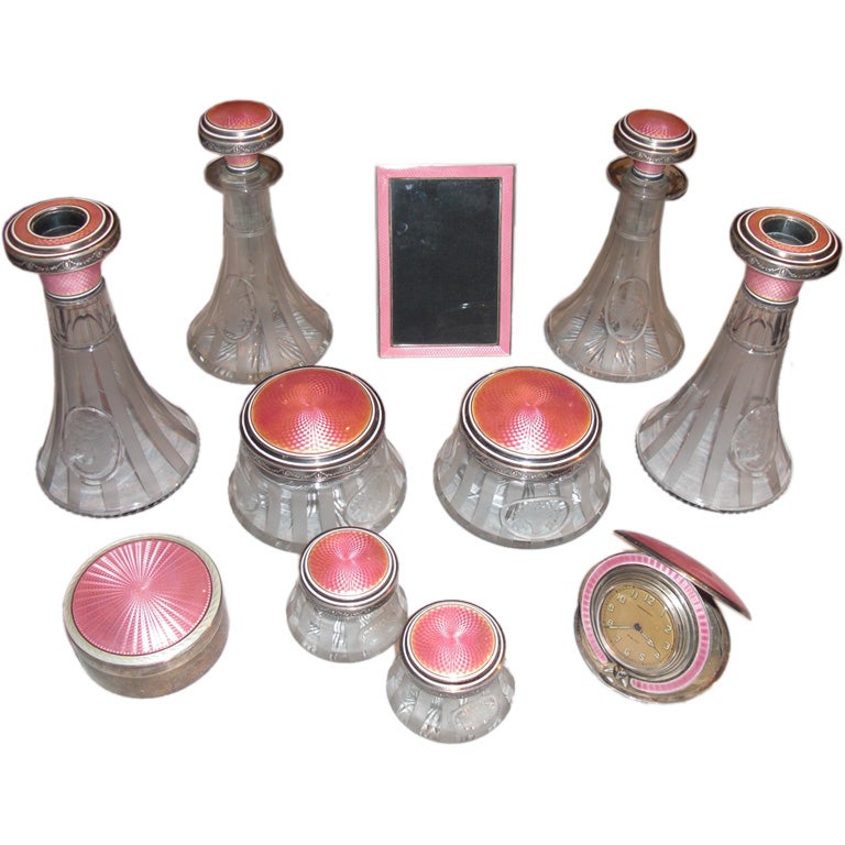 Outstanding pink enamel sterling and cut glass dresser set at 1stDibs