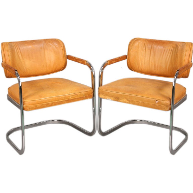 Pair of Leather and Chrome Arm Chairs at 1stDibs