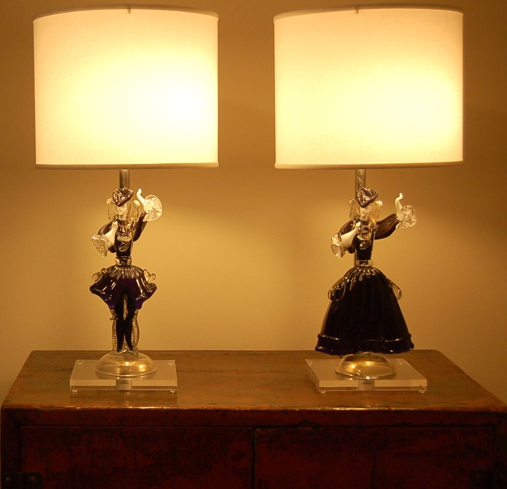 Matched Pair Of Vintage Murano Figurine Lamps Imported by Balboa at 1stDibs