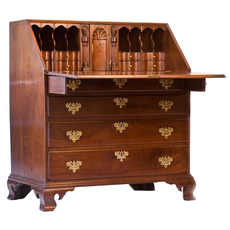American Chippendale Mahogany Oxbow Slant Top Desk. Boston, Circa 1770