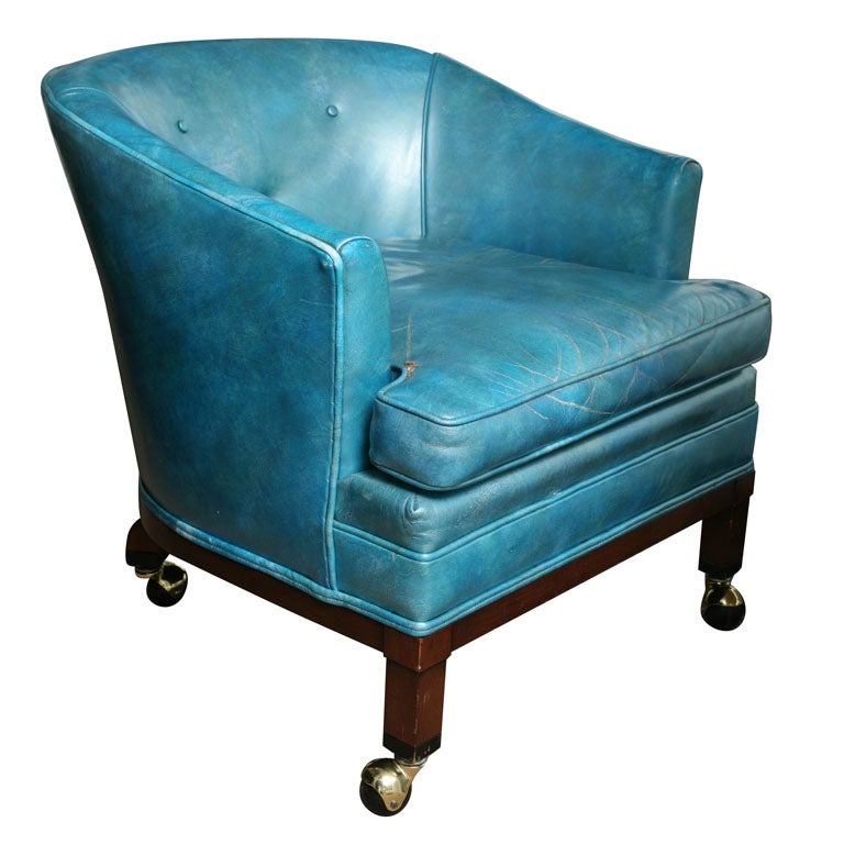 Elegant Vintage Turquoise Leather Library Reading Chair at 1stDibs
