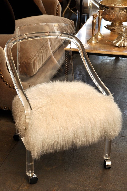 Pair of Circ 1970 Lucite Chairs with Tebetan Lamb Upholstery For Sale