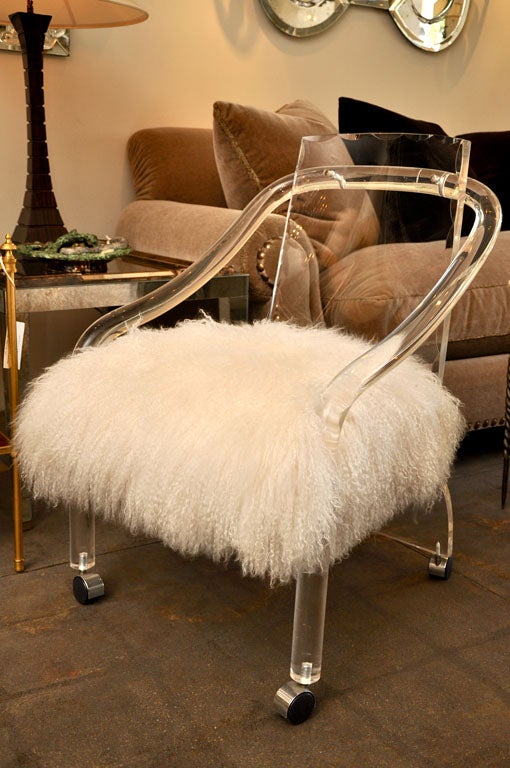 Pair of Circ 1970 Lucite Chairs with Tebetan Lamb Upholstery For Sale